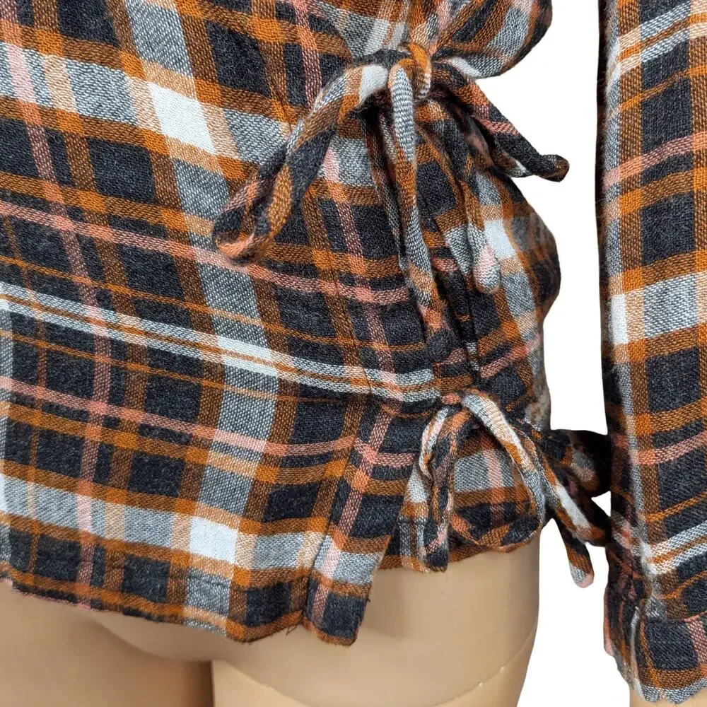 Madewell Plaid Crinkle Gauze Side Tie Wrap Puff Sleeve Top Brown Black XS